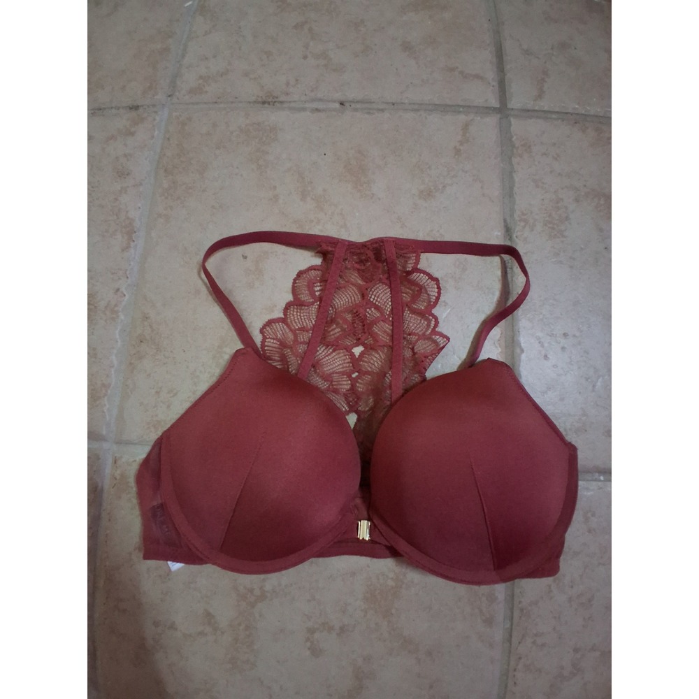 Burgundy Lace Racerback Push Up Bra Front Clasp 34C Padded Underwire Lingerie